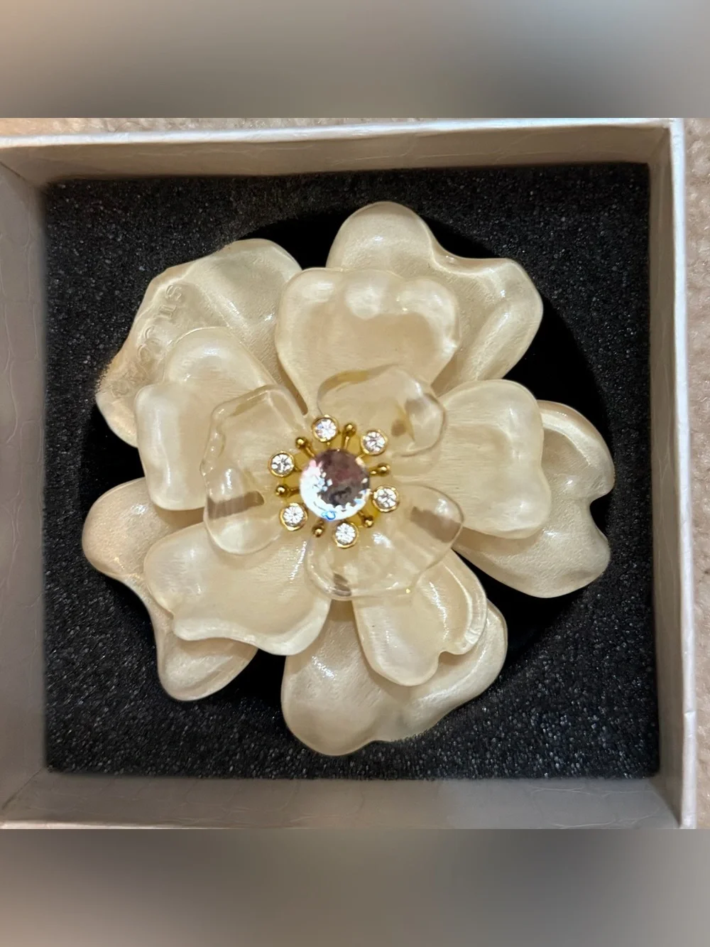 Vintage St. John Couture Lucite Swarovski Crystal Camellia Flower Brooch Pin NIB